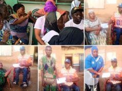 Professor Sangodoyin Distributes Cash Support To Persons With Disabilities A collage of people at a community event: several individuals, some in wheelchairs, posing with certificates and volunteers in caps and matching shirts outside a building.
