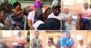 Professor Sangodoyin Distributes Cash Support To Persons With Disabilities A collage of people at a community event: several individuals, some in wheelchairs, posing with certificates and volunteers in caps and matching shirts outside a building.