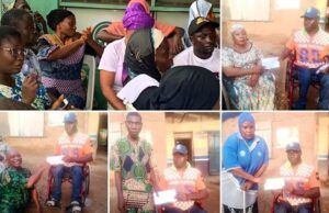 Professor Sangodoyin Distributes Cash Support To Persons With Disabilities A collage of people at a community event: several individuals, some in wheelchairs, posing with certificates and volunteers in caps and matching shirts outside a building.