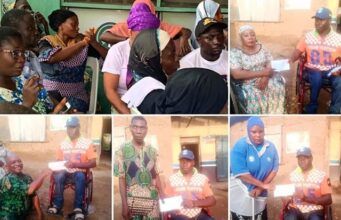 Professor Sangodoyin Distributes Cash Support To Persons With Disabilities A collage of people at a community event: several individuals, some in wheelchairs, posing with certificates and volunteers in caps and matching shirts outside a building.