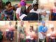 Professor Sangodoyin Distributes Cash Support To Persons With Disabilities A collage of people at a community event: several individuals, some in wheelchairs, posing with certificates and volunteers in caps and matching shirts outside a building.
