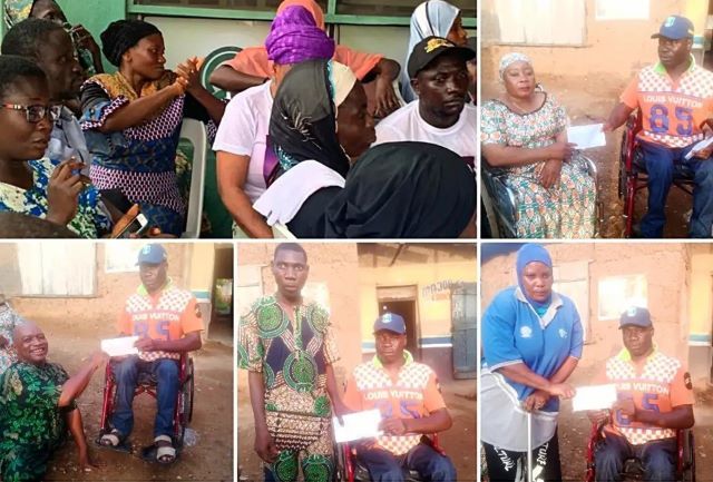 Sangodoyin A collage of people at a community event: several individuals, some in wheelchairs, posing with certificates and volunteers in caps and matching shirts outside a building.