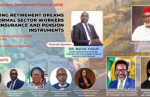 All Set For Retirement Summit For Informal Sector Workers To Hold On Wednesday Banner for the 2026 Retirement Summit: theme about insurance and pension for informal workers; event on May 20, 9:00 AM at NECA House, Lagos; keynote speaker Dr. Muda Yusuf, plus guest and discussant headshots.