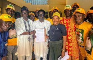 Oyo Central Senatorial Race: Former Makinde Associate, Wale Ajani Is Accord’s Candidate Hon Wale Ajani, displays his certificate while others look on...