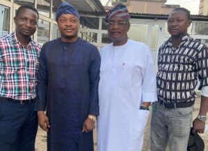 L R Dare Alesinloye SA to Gov Seyi Makinde Hon Yusuff Adebisi a member of the Oyo Assembly celebrant and Prince Temitope Eluyefaat ParrotXtra Media Network's Office...