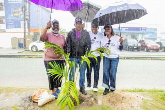 Celebration Of 30th Anniversary: ACAMB Kicks Off Event With Tree Planting Initiative President, Association of Corporate Communication and Marketing Professionals in Banks (ACAMB), Jide Sipe; Representative of Wema Bank, Precious Akpan; Vice President 2, Morolake Onifade, Representative of Alpha Morgan, Tolu Onipede and General Secretary, ACAMB, Olugbenga Owotoomo during a tree planting initiative, put together to flag-off the 30th anniversary celebration of ACAMB, held at Providence Street, Lekki Phase 1, Lagos…