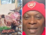 Adekanmbi Hosts Arsenal Fans In Ibadan To Celebrate Premier League Triumph Two-panel image: left shows a person cooking large animal carcasses on a spit over a grill; right shows a close-up of a smiling man wearing a red Arsenal cap and scarf.