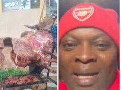 Adekanmbi Hosts Arsenal Fans In Ibadan To Celebrate Premier League Triumph Two-panel image: left shows a person cooking large animal carcasses on a spit over a grill; right shows a close-up of a smiling man wearing a red Arsenal cap and scarf.