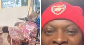 Adekanmbi Hosts Arsenal Fans In Ibadan To Celebrate Premier League Triumph Two-panel image: left shows a person cooking large animal carcasses on a spit over a grill; right shows a close-up of a smiling man wearing a red Arsenal cap and scarf.