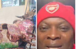 Adekanmbi Hosts Arsenal Fans In Ibadan To Celebrate Premier League Triumph Two-panel image: left shows a person cooking large animal carcasses on a spit over a grill; right shows a close-up of a smiling man wearing a red Arsenal cap and scarf.