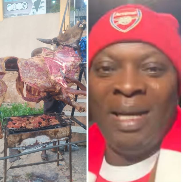 Adekanmbi Arsenal Two-panel image: left shows a person cooking large animal carcasses on a spit over a grill; right shows a close-up of a smiling man wearing a red Arsenal cap and scarf.