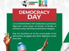 Barr. Akeem Agbaje Reaffirms Support For Tinubu’s Reforms, Honours June 12 Heroes Democracy Day poster with Nigerians raising hands in celebration; green and red panels and text about unity, rule of law, and electoral integrity, plus ADEHUN 2027 APC logos at top.