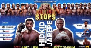 Glorious Sports Promotions Set To Host ‘Fight Until The Killings Stop’ Boxing Show In Ibadan Promotional boxing poster with two central fighters facing off, a row of boxers along the top, and event details for June 7 at Liberty Stadium, Ibadan.