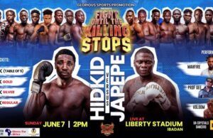 Glorious Sports Promotions Set To Host ‘Fight Until The Killings Stop’ Boxing Show In Ibadan Promotional boxing poster with two central fighters facing off, a row of boxers along the top, and event details for June 7 at Liberty Stadium, Ibadan.