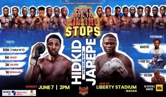 Boxing promo Promotional boxing poster with two central fighters facing off, a row of boxers along the top, and event details for June 7 at Liberty Stadium, Ibadan.