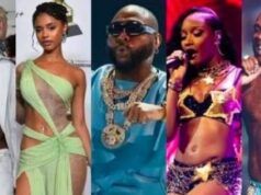 Davido, Burna Boy, Rema, Ayra Starr Named On Official 2026 World Cup Album Five performers on stage in a concert collage, wearing bold outfits and heavy jewelry during a live performance.