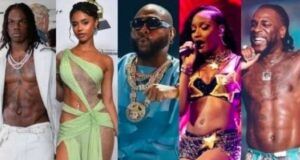 Davido, Burna Boy, Rema, Ayra Starr Named On Official 2026 World Cup Album Five performers on stage in a concert collage, wearing bold outfits and heavy jewelry during a live performance.