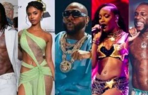 Davido, Burna Boy, Rema, Ayra Starr Named On Official 2026 World Cup Album Five performers on stage in a concert collage, wearing bold outfits and heavy jewelry during a live performance.
