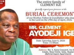 Family Announces Burial Ceremony For Clement Ige Funeral/burial announcement poster for Mr. Clement Ayodeji Ige, showing his photo and event details: Date Saturday, June 6, 2026 at 11:00am; location on Kano Crescent, IRE Akari Estate.