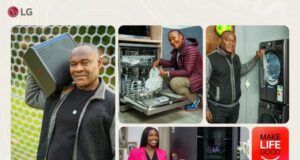 LG Electronics Unveils ‘Make Life Good’ Reality Series For Africa Magic Viewers LG collage ad showing people using appliances: speaker on shoulder, dishwasher, washer, and a smiling presenter with Life's Good logo.