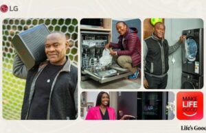 LG Electronics Unveils ‘Make Life Good’ Reality Series For Africa Magic Viewers LG collage ad showing people using appliances: speaker on shoulder, dishwasher, washer, and a smiling presenter with Life's Good logo.