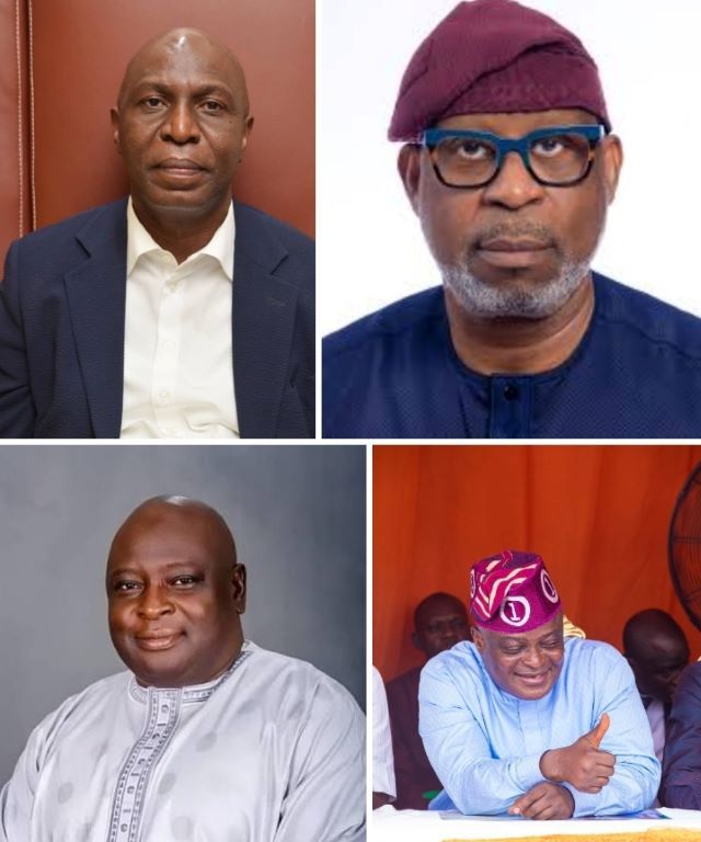 Lagos Speaker Collage of four men's portraits: top-left in a suit, top-right wearing glasses and a maroon head wrap, bottom-left in light gray traditional attire, bottom-right in a blue outfit at a table.