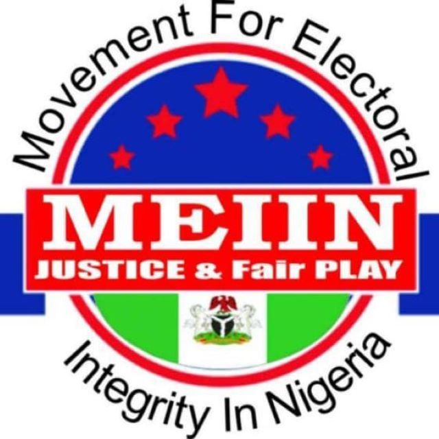 MEIIN Logo for Movement For Electoral Integrity In Nigeria (MEIN): circular emblem with a red banner reading 'JUSTICE & FAIR PLAY', blue field with red stars, and Nigerian flag colors around the edge.