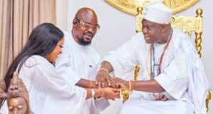 Baba Ijesha: I Appreciate Ooni Of Ife’s Car Gift, Chieftaincy Title Ooni Adeyeye Ogunwusi, right, with Baba Ijesha and wife...