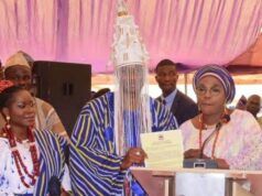 High Expectations As Oyebanji Installs 32-Year-Old As Owa Of Ayegbaju-Ekiti R-L: Mrs Monisade Afuye, Ekiti's Deputy Governor who represented Gov Biodun Oyebanji, Oba Adewole Oluwatosin Adewale and wife...