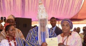 High Expectations As Oyebanji Installs 32-Year-Old As Owa Of Ayegbaju-Ekiti R-L: Mrs Monisade Afuye, Ekiti's Deputy Governor who represented Gov Biodun Oyebanji, Oba Adewole Oluwatosin Adewale and wife...