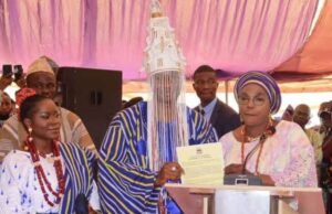 High Expectations As Oyebanji Installs 32-Year-Old As Owa Of Ayegbaju-Ekiti R-L: Mrs Monisade Afuye, Ekiti's Deputy Governor who represented Gov Biodun Oyebanji, Oba Adewole Oluwatosin Adewale and wife...