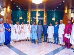 Tinubu Hosts Oyo Monarchs, Makes Promises On Security, State Police L-R: the Aare Ago of Ogbomoso, High Chief S. Otolorin; the Osi Olubadan, Oba Abiodun Kola-Daisi; the Balogun of Ibadanland, Oba Tajudeen Ajibola; the Onigbeti of Igbeti, Oba Abioye Basiru Olalekan; the Alajawa of Ajawa, Oba Adeyeye Oyetunji; the Olugbon of Orile-Igbon, Oba Francis Alao; Olubadan of Ibadanland, Oba Rashidi Adewolu Ladoja; President Bola Ahmed Tinubu; Chief of Staff to the President, Femi Gbajabiamila; Minister of Power, Joseph Tegbe; Chairman of Nigerian Revenue Service, Zacch Adedeji; Special Adviser to the President on Media & Public Communication, Sunday Dare; Aseyin of Iseyin, Oba Sefiu Olawale Oyebola Adeyeri III and Mogaji Wole Arisekola...