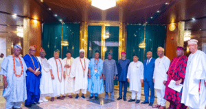 Tinubu Hosts Oyo Monarchs, Makes Promises On Security, State Police L-R: the Aare Ago of Ogbomoso, High Chief S. Otolorin; the Osi Olubadan, Oba Abiodun Kola-Daisi; the Balogun of Ibadanland, Oba Tajudeen Ajibola; the Onigbeti of Igbeti, Oba Abioye Basiru Olalekan; the Alajawa of Ajawa, Oba Adeyeye Oyetunji; the Olugbon of Orile-Igbon, Oba Francis Alao; Olubadan of Ibadanland, Oba Rashidi Adewolu Ladoja; President Bola Ahmed Tinubu; Chief of Staff to the President, Femi Gbajabiamila; Minister of Power, Joseph Tegbe; Chairman of Nigerian Revenue Service, Zacch Adedeji; Special Adviser to the President on Media & Public Communication, Sunday Dare; Aseyin of Iseyin, Oba Sefiu Olawale Oyebola Adeyeri III and Mogaji Wole Arisekola...