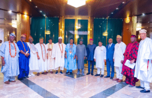 Tinubu Hosts Oyo Monarchs, Makes Promises On Security, State Police L-R: the Aare Ago of Ogbomoso, High Chief S. Otolorin; the Osi Olubadan, Oba Abiodun Kola-Daisi; the Balogun of Ibadanland, Oba Tajudeen Ajibola; the Onigbeti of Igbeti, Oba Abioye Basiru Olalekan; the Alajawa of Ajawa, Oba Adeyeye Oyetunji; the Olugbon of Orile-Igbon, Oba Francis Alao; Olubadan of Ibadanland, Oba Rashidi Adewolu Ladoja; President Bola Ahmed Tinubu; Chief of Staff to the President, Femi Gbajabiamila; Minister of Power, Joseph Tegbe; Chairman of Nigerian Revenue Service, Zacch Adedeji; Special Adviser to the President on Media & Public Communication, Sunday Dare; Aseyin of Iseyin, Oba Sefiu Olawale Oyebola Adeyeri III and Mogaji Wole Arisekola...