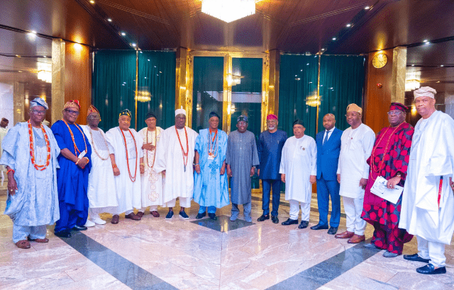 Tinubu and Oyo Traditional Rulers L-R: the Aare Ago of Ogbomoso, High Chief S. Otolorin; the Osi Olubadan, Oba Abiodun Kola-Daisi; the Balogun of Ibadanland, Oba Tajudeen Ajibola; the Onigbeti of Igbeti, Oba Abioye Basiru Olalekan; the Alajawa of Ajawa, Oba Adeyeye Oyetunji; the Olugbon of Orile-Igbon, Oba Francis Alao; Olubadan of Ibadanland, Oba Rashidi Adewolu Ladoja; President Bola Ahmed Tinubu; Chief of Staff to the President, Femi Gbajabiamila; Minister of Power, Joseph Tegbe; Chairman of Nigerian Revenue Service, Zacch Adedeji; Special Adviser to the President on Media & Public Communication, Sunday Dare; Aseyin of Iseyin, Oba Sefiu Olawale Oyebola Adeyeri III and Mogaji Wole Arisekola...