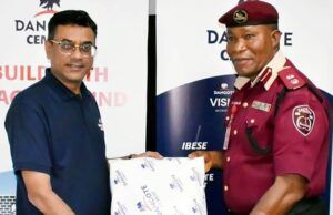 Road Safety In Ogun: Dangote Cement Ibese, FRSC Strengthen Strategic Partnership …Dangote Cement Ibese Plant Director, Mr. Ayyagari Subbaraidu (left) presents a gift to the Sector Commander, Federal Road Safety Corps (FRSC), Ogun State, Sector Commander Oludare Ogunjobi during the visit…