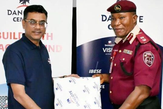 Road Safety In Ogun: Dangote Cement Ibese, FRSC Strengthen Strategic Partnership …Dangote Cement Ibese Plant Director, Mr. Ayyagari Subbaraidu (left) presents a gift to the Sector Commander, Federal Road Safety Corps (FRSC), Ogun State, Sector Commander Oludare Ogunjobi during the visit…