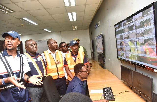 Dangote Transport image L-R: Head of Transport Control, Dangote Transport Ibese Plant, Ifeanyi Ezeala; Head of Transport Operations, DCP Ibese Plant, David Idiege James; Head of Human resources, Dangote Transport Ibese Plant, Muhammad Al Hassan; Head of safety, Dangote Transport Ibese Plant, Abau Peter Randy; Divisional Director of Dangote Transport, Ibese Plant, Yusuf Balarabe during the visit to Dangote Transport Digital truck monitoring Dashboard as part of the Road Safety measures to track it's drivers real time Online, in Ibese Ogun state at the weekend…