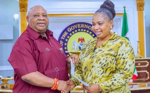 Laide Bakare and Ademola Adeleke Actress Laide Bakare, right, with Governor Ademola Adeleke...