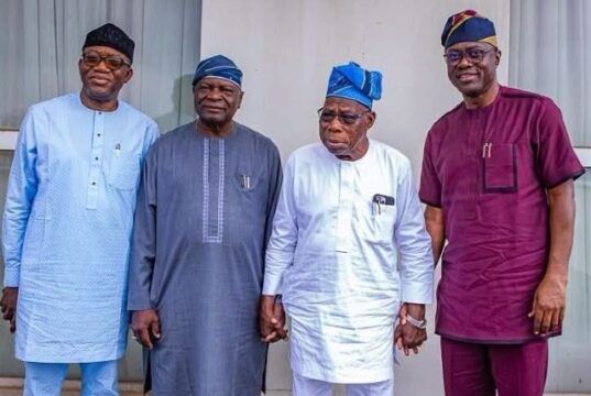 Obasanjo Plays Host To Makinde, Oyinlola, Fayemi Ahead Of 2027 L-R: Dr Kayode Fayemi, Prince Olagunsoye Oyinlola, Chief Olusegun Obasanjo and Engineer Seyi Makinde...in Abeokuta on Sunday...
