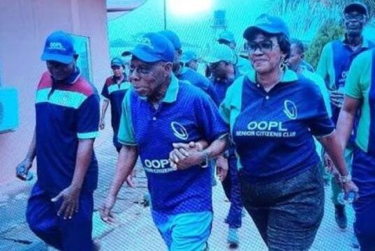 Fitness Drive: Obasanjo Leads Ogun Senior Citizens On 2.5km Walk In Abeokuta ...former President Olusegun Obasanjo, middle, with others during the walk...