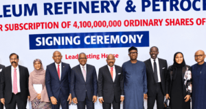 History Recorded As Dangote Refinery Launches Landmark IPO, Targets 10 Million Subscribers L-R: Group Vice President, Oil & Gas and Fertiliser, Dangote Industries Limited, Devakumar Edwin; Group Executive Director, Commercial Operations, Cement and Foods Businesses, Dangote Industries Limited, Mariya Aliko-Dangote; Chairman, Heirs Holdings, Tony Elumelu; President/CE, Dangote Industries Limited, Aliko Dangote; Founder, Zenith Bank Plc, Jim Ovia; Former Minister of Industry, Trade and Investment, Otunba Niyi Adebayo; Founding partner, Banwo & Ighodalo, Asue Ighodalo; Group Executive Director, Commercial Operations, Oil & Gas, Fertiliser and WAEP, Fatima Aliko-Dangote and Group Vice President, Business Units, Dangote Industries Limited, Olakunle Alake, at the signing ceremony of Dangote Petroleum Refinery & Petrochemicals FZE Initial Public Offering (IPO) in Lagos on Monday, September 7, 2026…