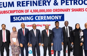 History Recorded As Dangote Refinery Launches Landmark IPO, Targets 10 Million Subscribers L-R: Group Vice President, Oil & Gas and Fertiliser, Dangote Industries Limited, Devakumar Edwin; Group Executive Director, Commercial Operations, Cement and Foods Businesses, Dangote Industries Limited, Mariya Aliko-Dangote; Chairman, Heirs Holdings, Tony Elumelu; President/CE, Dangote Industries Limited, Aliko Dangote; Founder, Zenith Bank Plc, Jim Ovia; Former Minister of Industry, Trade and Investment, Otunba Niyi Adebayo; Founding partner, Banwo & Ighodalo, Asue Ighodalo; Group Executive Director, Commercial Operations, Oil & Gas, Fertiliser and WAEP, Fatima Aliko-Dangote and Group Vice President, Business Units, Dangote Industries Limited, Olakunle Alake, at the signing ceremony of Dangote Petroleum Refinery & Petrochemicals FZE Initial Public Offering (IPO) in Lagos on Monday, September 7, 2026…