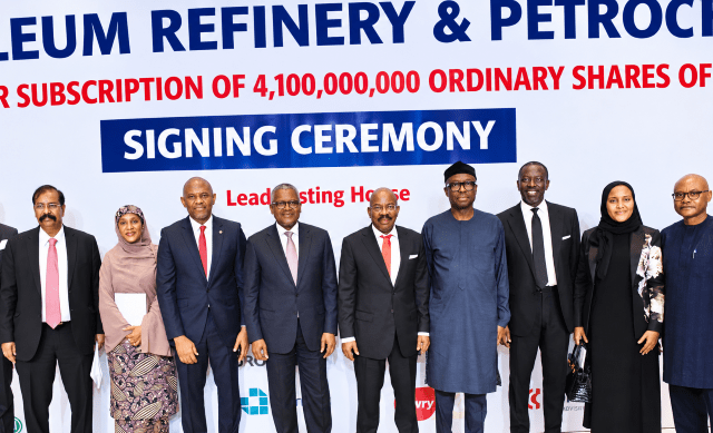 Dangote 11 L-R: Group Vice President, Oil & Gas and Fertiliser, Dangote Industries Limited, Devakumar Edwin; Group Executive Director, Commercial Operations, Cement and Foods Businesses, Dangote Industries Limited, Mariya Aliko-Dangote; Chairman, Heirs Holdings, Tony Elumelu; President/CE, Dangote Industries Limited, Aliko Dangote; Founder, Zenith Bank Plc, Jim Ovia; Former Minister of Industry, Trade and Investment, Otunba Niyi Adebayo; Founding partner, Banwo & Ighodalo, Asue Ighodalo; Group Executive Director, Commercial Operations, Oil & Gas, Fertiliser and WAEP, Fatima Aliko-Dangote and Group Vice President, Business Units, Dangote Industries Limited, Olakunle Alake, at the signing ceremony of Dangote Petroleum Refinery & Petrochemicals FZE Initial Public Offering (IPO) in Lagos on Monday, September 7, 2026…