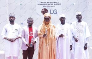 Excitement As LG Electronics Takes Purpose-Driven Innovation To Kaduna R-L: Imam, Niraya Mosque, Mallam Abubakar Sufyan, Head, Corporate Marketing, LG Electronics Nigeria, Mr. Paul Mba, Niraya Village Head, Alhaji Zakariyya Ya’u, Sarki Yakin Nariya, Alhaji Jamiu Yakubu, and District Head, Nariya Rigasa, Alhaji Aliyu Sanni at the commissioning of LG's expanded Environmental, Social, and Governance (ESG) initiative, marked by the donation of a solar-powered borehole to the Nariya Rigasa Area of Kaduna State, on Thursday...
