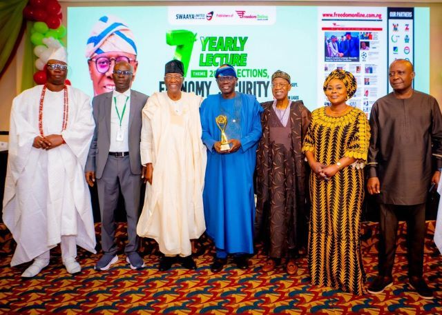 Sanwo Olu and others L-R: Aare Ona Kankafo of Yorubaland, Chief Gani Adams; Convener and Editor-in-Chief, Freedom Online, Mr Gabriel Akinadewo; Senator Gbenga Daniel; Governor of Lagos State, Mr. Babajide Sanwo-Olu; former Minister of Information and Culture, Alhaji Lai Mohammed; Ex-President, Nigerian Guild of Editors, NGE, Mrs Funke Egbemode and NGE President, Mr Eze Anaba during the 7th annual lecture of Freedom Online themed: “2027 Elections, Economy, Security and Nigerians Future” at the Sheraton Hotel Lagos in Ikeja, on Thursday, September 3, 2026…