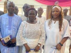 Lam Adesina’s Son Joins Other Progressives At Comrade Wole Abisoye’s Funeral Service L-R: Dr Wasiu Ayobami Lam-Adesina, the widow, Mrs Deborah Adefunke Abisoye and the daughter, Mrs Olateju Ademiluyi...and others...