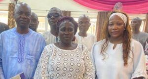 Lam Adesina’s Son Joins Other Progressives At Comrade Wole Abisoye’s Funeral Service L-R: Dr Wasiu Ayobami Lam-Adesina, the widow, Mrs Deborah Adefunke Abisoye and the daughter, Mrs Olateju Ademiluyi...and others...