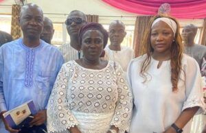 Lam Adesina’s Son Joins Other Progressives At Comrade Wole Abisoye’s Funeral Service L-R: Dr Wasiu Ayobami Lam-Adesina, the widow, Mrs Deborah Adefunke Abisoye and the daughter, Mrs Olateju Ademiluyi...and others...