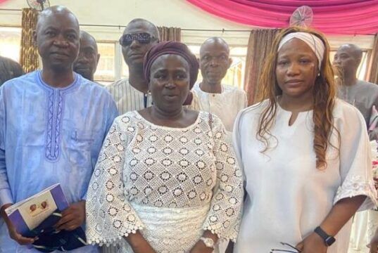 Lam Adesina’s Son Joins Other Progressives At Comrade Wole Abisoye’s Funeral Service L-R: Dr Wasiu Ayobami Lam-Adesina, the widow, Mrs Deborah Adefunke Abisoye and the daughter, Mrs Olateju Ademiluyi...and others...